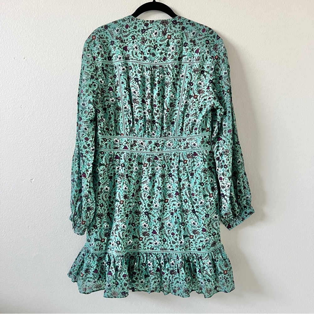 Joie | Charmesse Floral Cotton Mini Dress Teal Long Sleeve Boho - Size 10 - Picture 6 of 8